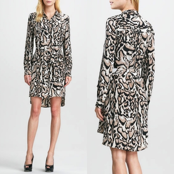 Diane Von Furstenberg Prita Tie-Waist 100% Silk Leopard-Print Shirtdress Size 10 - Picture 1 of 13